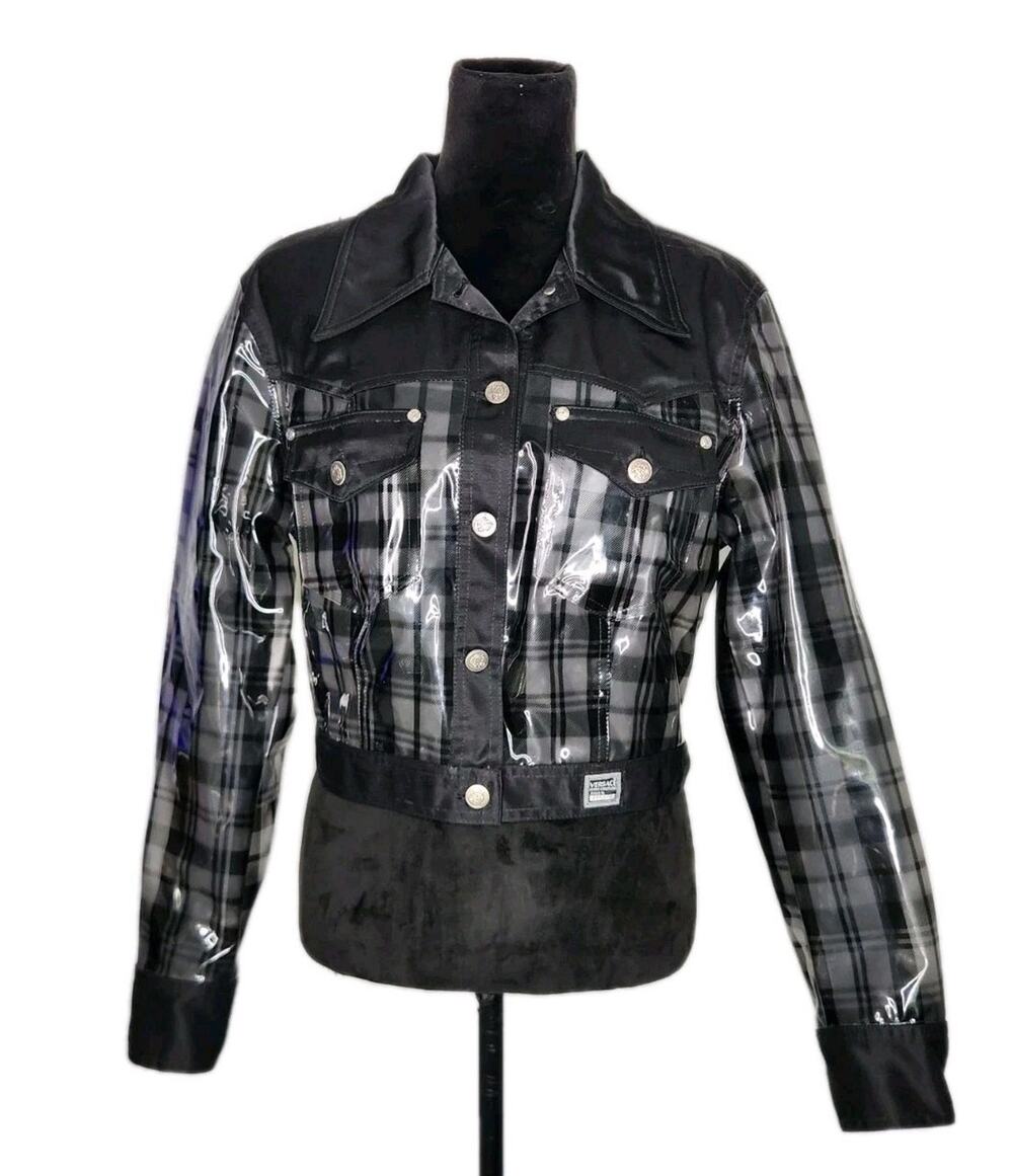Versace Jeans Couture Vintage Black Gray Plaid Vinyl Crop Trucker Jacket Size L